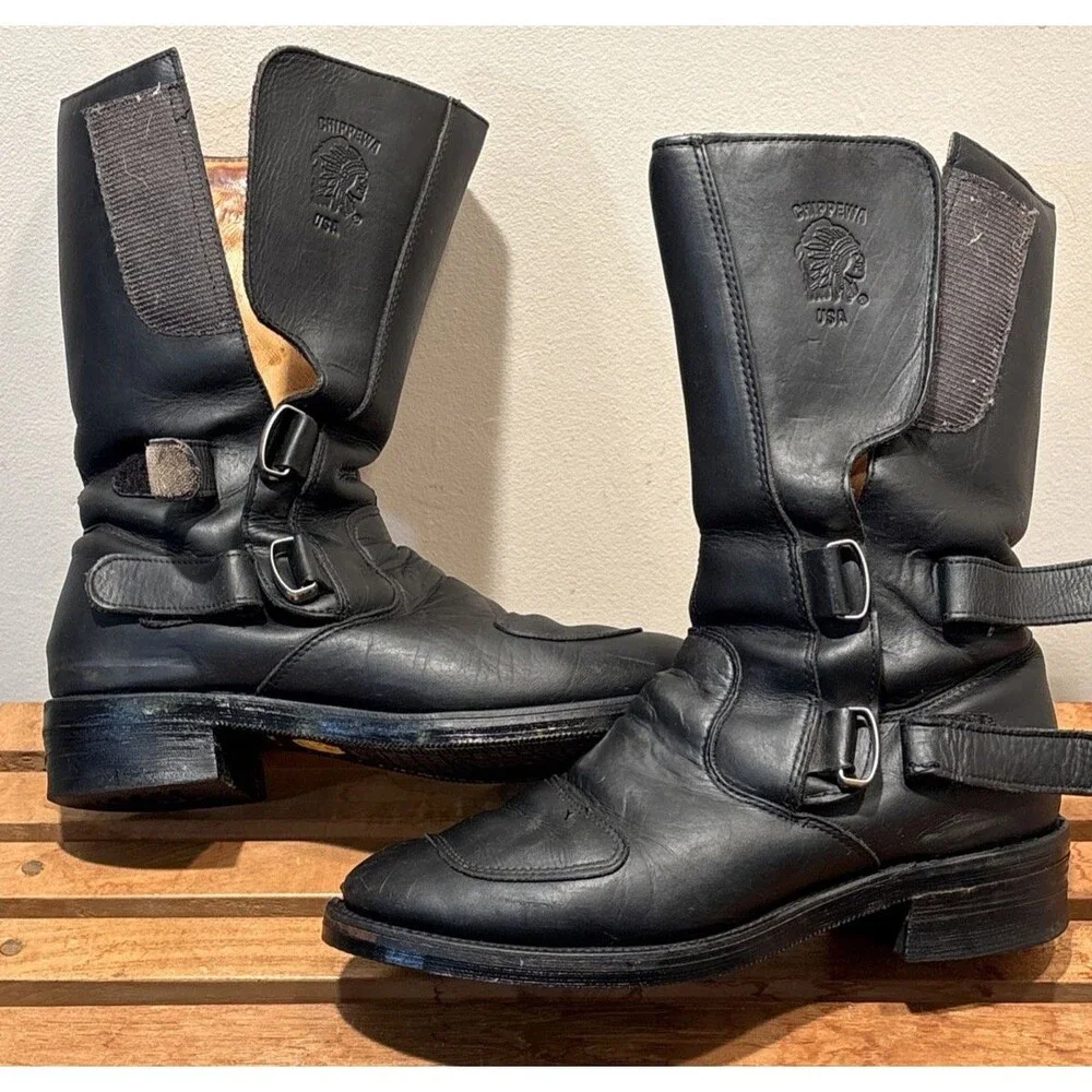 Chippewa 27862 Odessa Rally Biker Boots Black Leather 10.5EE Hook & Loop VINTAGE